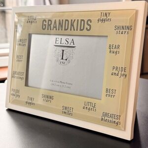 New ELSA INC Grandkids 4x6 Photo Frame Beige White Acrylic Desktop Display